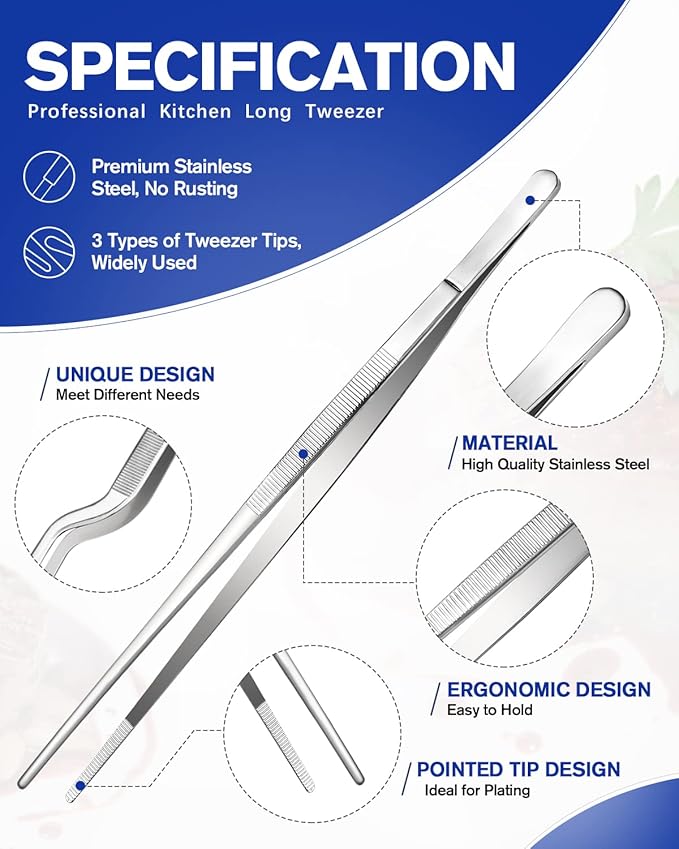 Fine Cooking Tweezers Set, Professional Stainless Steel Food Tongs, Kitchen Black Long Chef Tweezer for Cooking, Plating, Decorating and BBQ (SILVER, 10 inch)