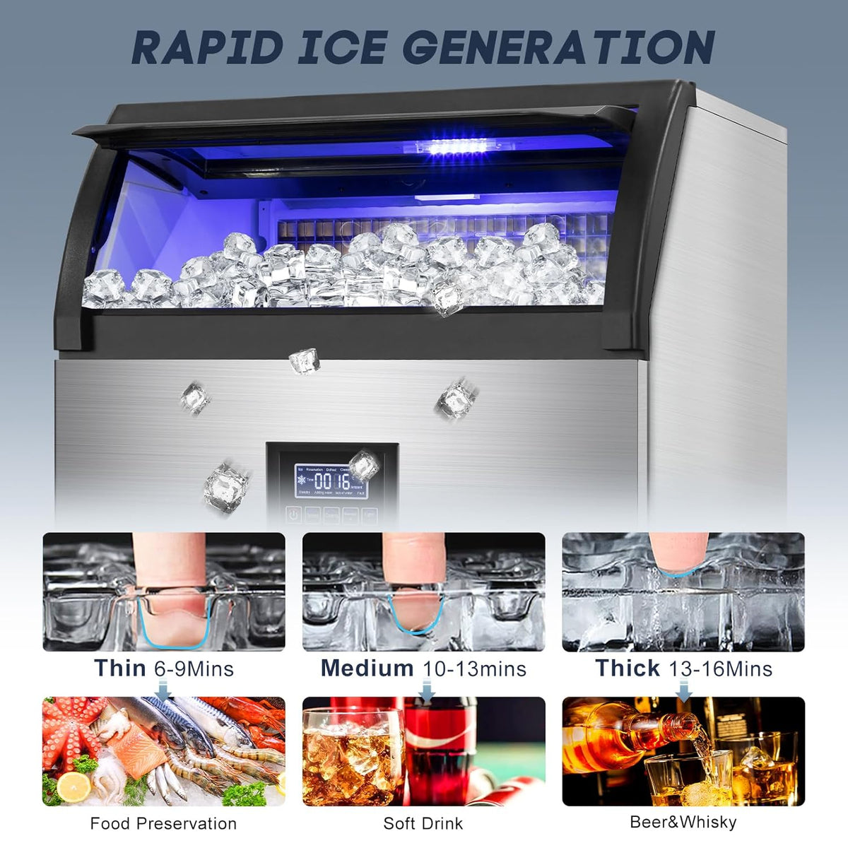 Commercial Ice Maker Machine 360LBS/24H with 80LBS Storage Bin, 126PCS Ice Cubes Ice Machine Stainless Steel Undercounter/Freestanding Ice Maker for Home Bar Outdoor, Self Cleaning