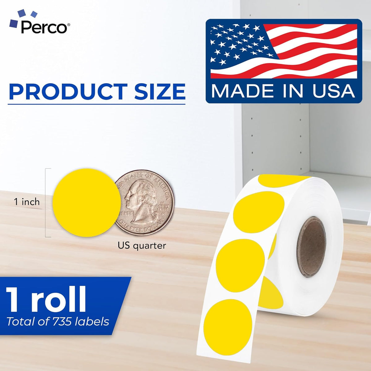 Perco Yellow 1-Inch Perforated Circle Dot Thermal Sticker Labels — 735 Stickers/Roll, Direct Thermal Printer Compatible—with Permanent Adhesive for Color Coding, Garage Sales, Crafts—Made in USA