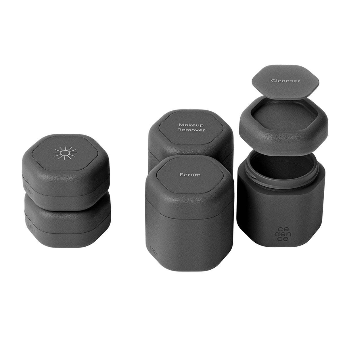 Cadence Travel Containers - Core Skincare Set - Magnetic Containers with Lids,2 Small (0.56oz) & 3 Medium (1.32oz) - Cleanser, Moisturizer, Serum, Makeup Remover & Sun Icon Labels - Charcoal