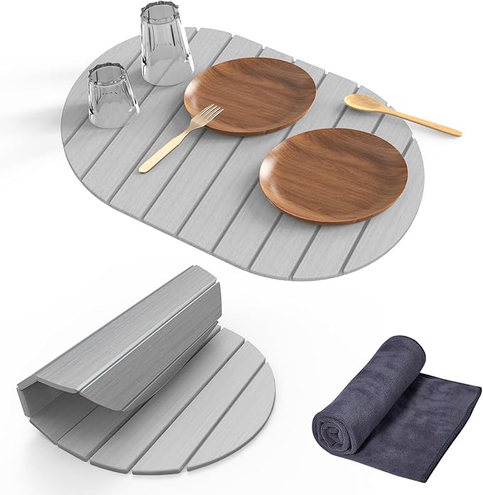 Stone Dish Drying Mat for Kitchen Counter,24"(L)×16"(W) Collapsible Fast-Drying Diatomaceous Earth Mats with Towel Sanding Tool,Versatile Stone Drying Mats for Cups Dishes Bottles