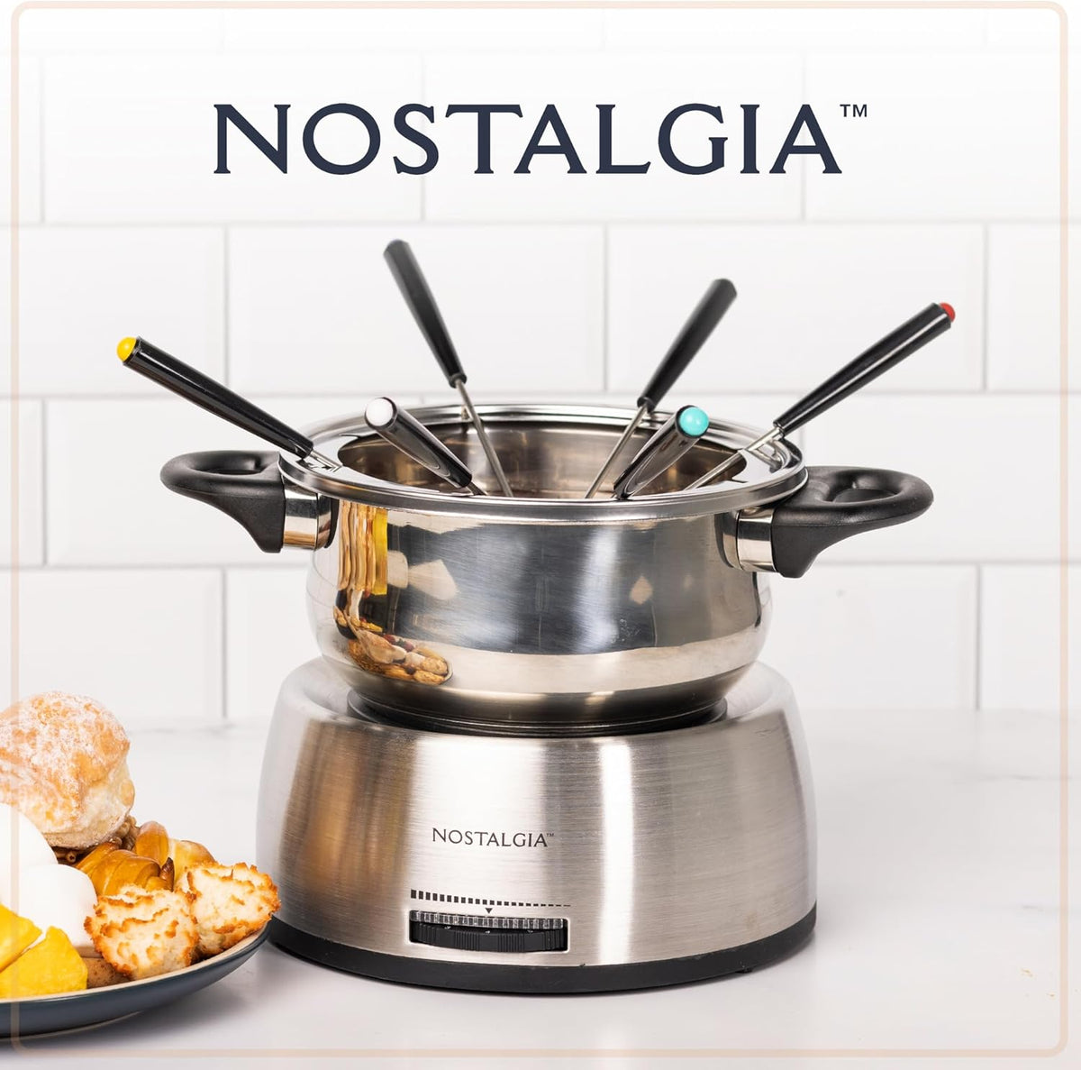 Nostalgia 6-Cup Electric Fondue Pot Set for Cheese & Chocolate - 6 Color-Coded Forks, Temperature Control - Stainless Steel Kitchen Gadgets and Appliances for Hors d'Oeuvres and More - Stainless Steel