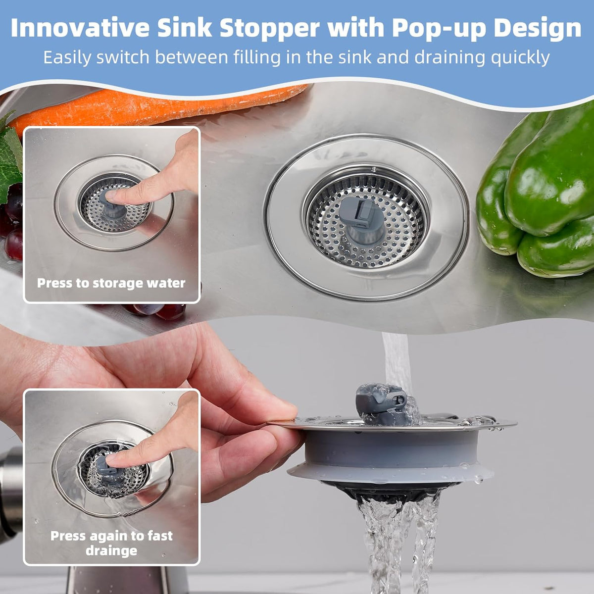 Hibbent 2 Pack Universal 3 in 1 Kitchen Sink Drain Strainer with Sink Stopper, Stainless Steel Wrapped Shell, SUS304 Anti-Clogging Basket Strainer, Fit for US Standard 3-1/2" Drain, Stainless Steel