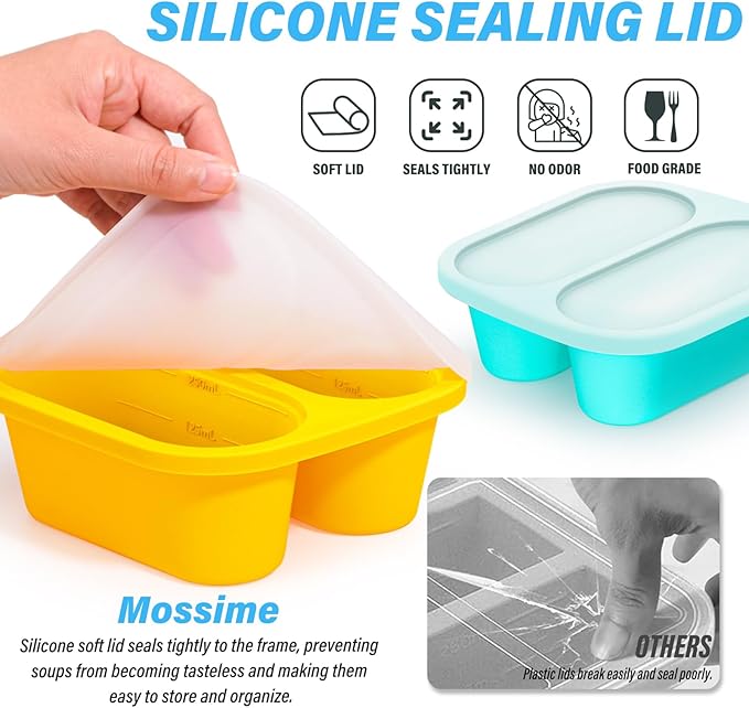 Mossime Silicone Soup Freezer Molds: 1 Cup Silicone Freezer Trays with Lid - 4 Packs Easy Release Soup Freezer Containers - 250ml 125ml Portion Large Cubes for Ice Soup (2, Blue/Yellow)