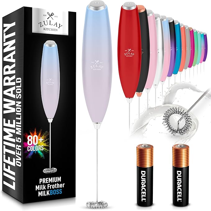 Zulay Kitchen Milk Frother Handheld Electric Whisk with AA Duracell Batteries – Durable Drink Mixer for Coffee, Lattes, Cappuccinos & More - Cloud