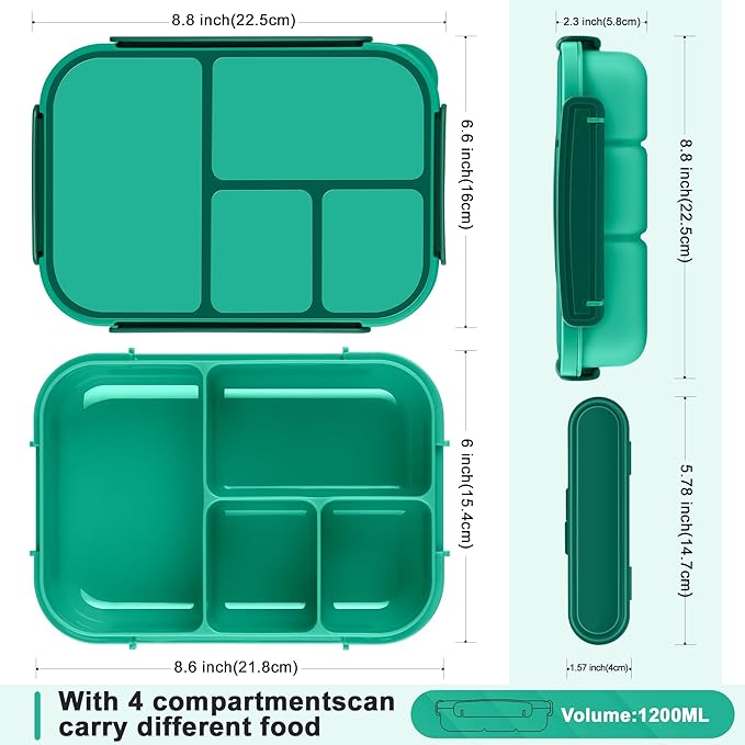 Amathley Lunch Box Kids,Bento Box Adult,Leakproof Lunch Containers for Adults/Kids/Toddler,1200ML-4 Compartments bento Lunch box with Utensil,Microwave & Dishwasher & Freezer Safe (Green)