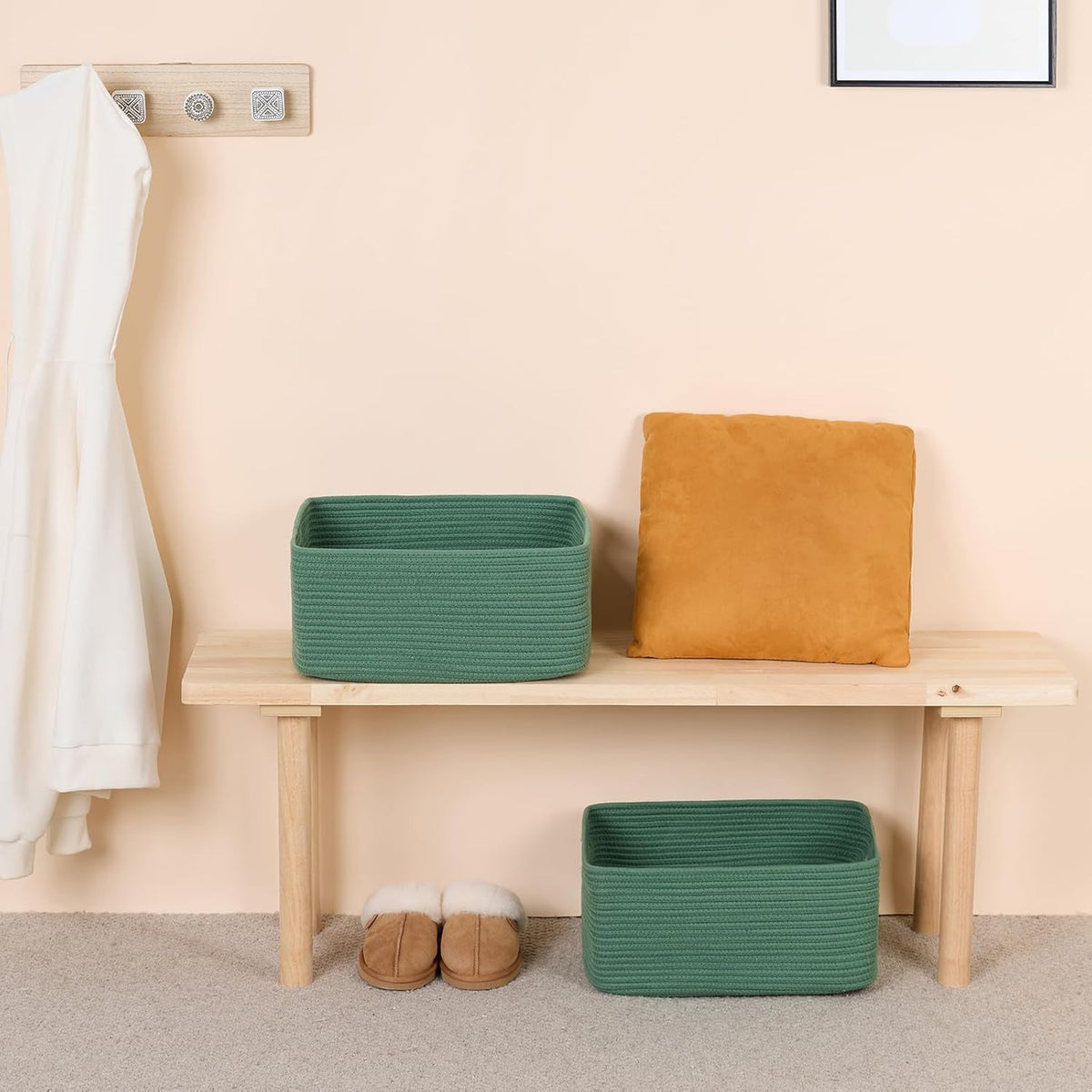 Large Storage Baskets for Organizing, Closet Shelf Baskets for Clothes Blanket Towels, Baby Nursery, Toy Bins Box, Woven Rope Baskets, 17 x 13 x 7.5”, 4 Packs Green