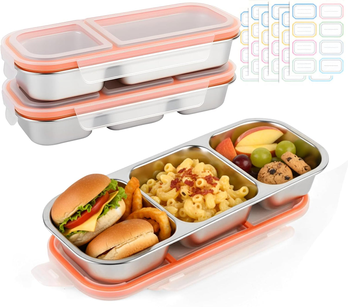 2 Pack Stainless Steel Snack Containers, 3+2 Compartment Snack boxes, Reusable Snack Containers with Lids for Adults - Leakproof Divided Metal Food Storage Bento Lunch Box for Work, Office, Travel