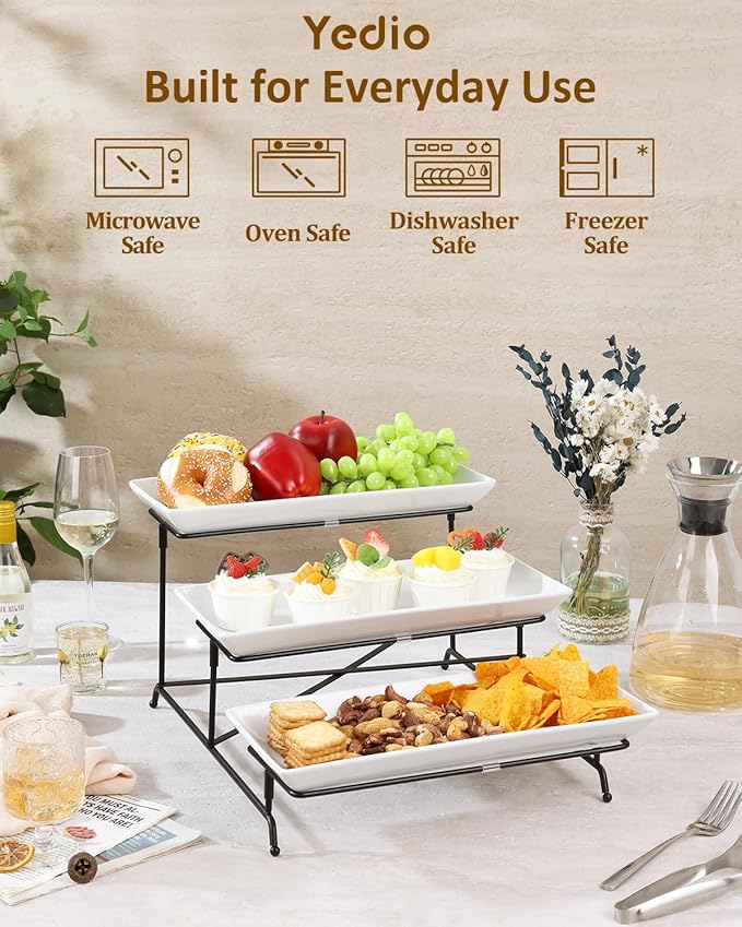 Yedio 3 Tier Serving Tray Set 14 Inch Porcelain Tiered Serving Trays Platters, Collapsible Sturdier Stand with Stable Cross Bars, Three Layer Serving for Party Entertaining Food Display Fruit Dessert