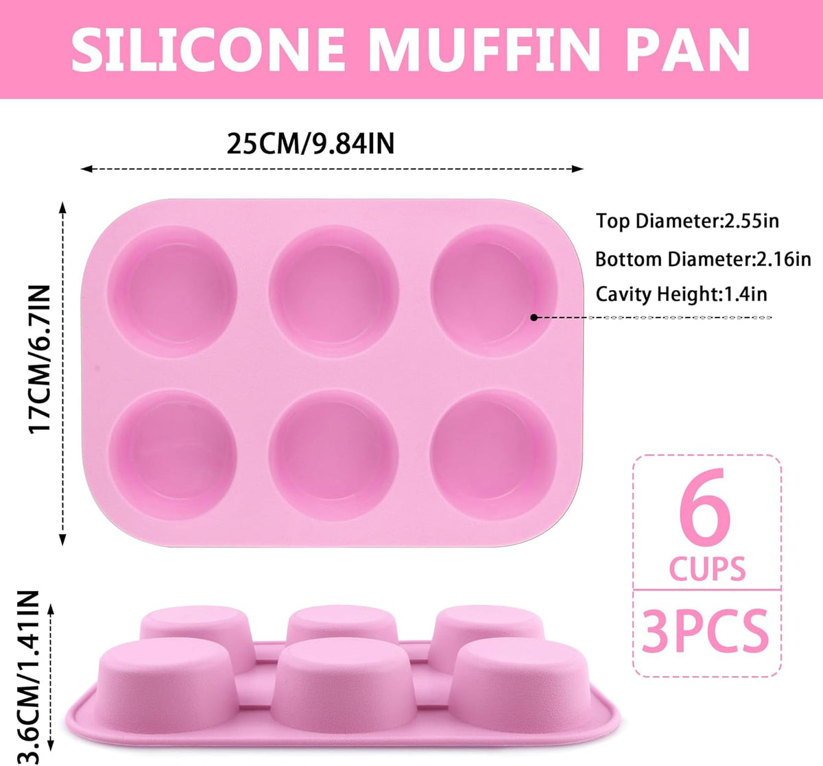 3-Pack 6-Cup Silicone Muffin Pans, Nonstick Cupcake Baking Molds, BPA/PFA-Free, Dishwasher & Oven Safe - Pink