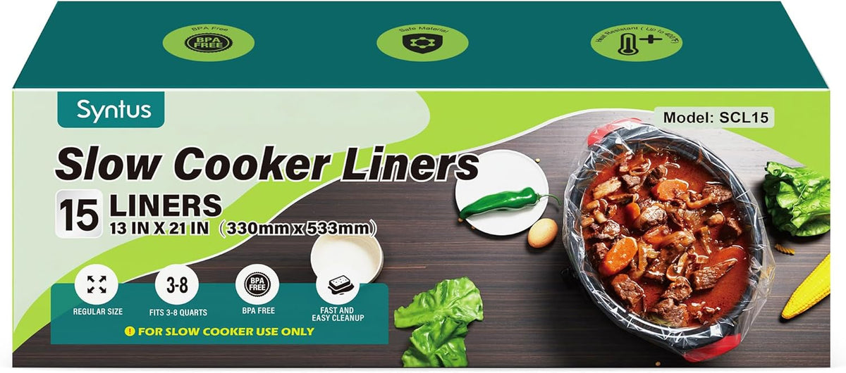 Syntus Slow Cooker Liners, 15 Count Cooking Bags Large Size Disposable Pot Liners Plastic Bags, Fit 3QT to 8QT for Slow Cooker Cooking Trays, 13"x 21", 15 Liners