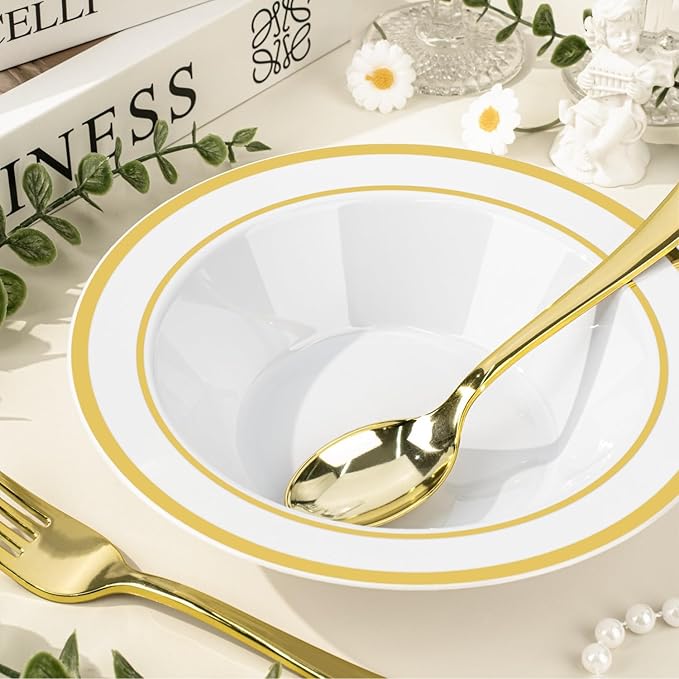 BESTVIP 200 Pack Plastic Bowls with Gold Rim, 12 Oz Disposable Bowls Disposable Bowls for Parties, Wedding, Christmas, Thanksgiving, Soak Proof Bowls for Breakfast, Lunch, and Dinner Meals