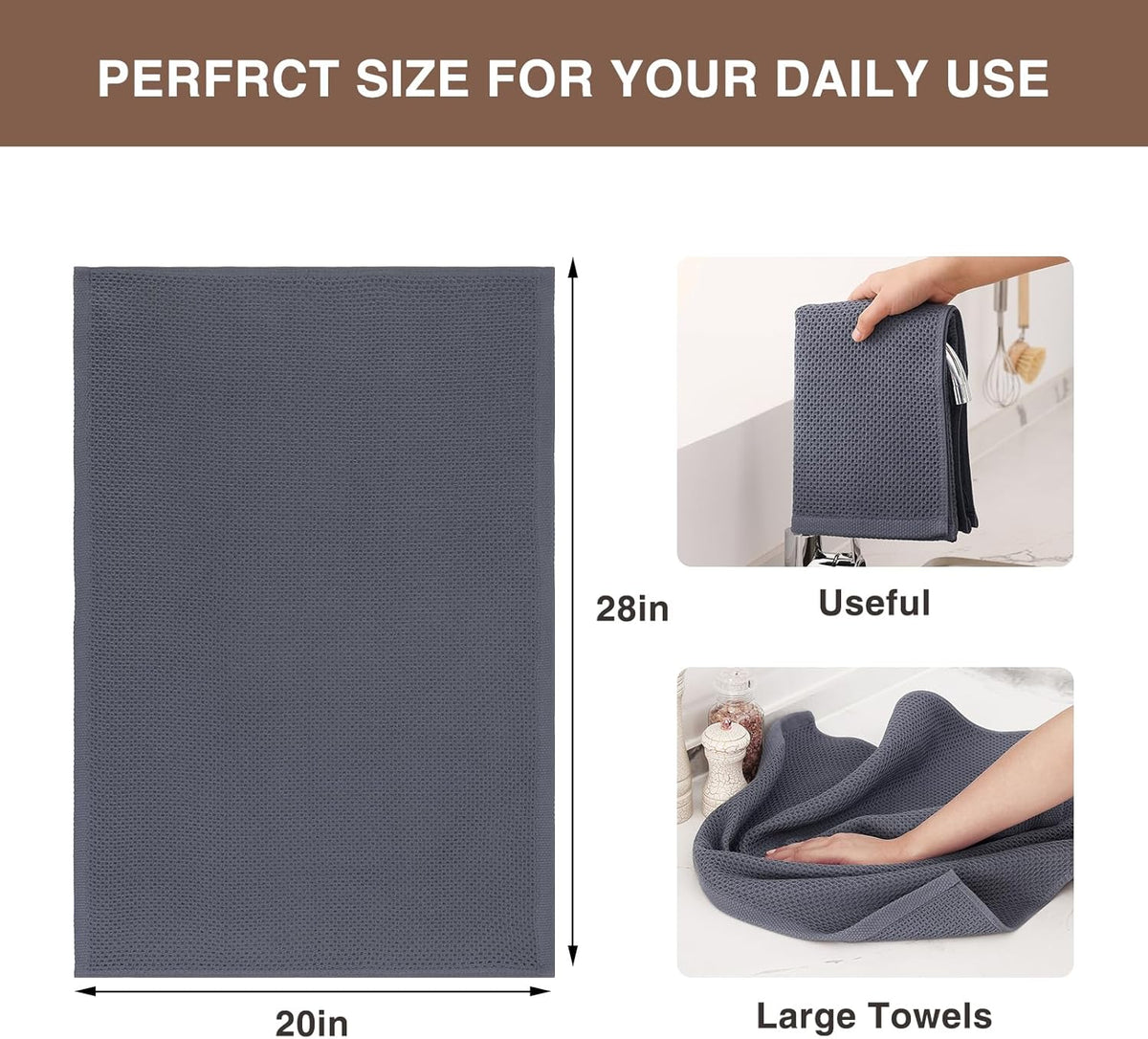 Homaxy 100% Cotton Oversized Waffle Weave Kitchen Dish Towels, Ultra Soft Absorbent Quick Drying Cleaning Towel, 20 x 28 Inches, 6-Pack, Dark Grey