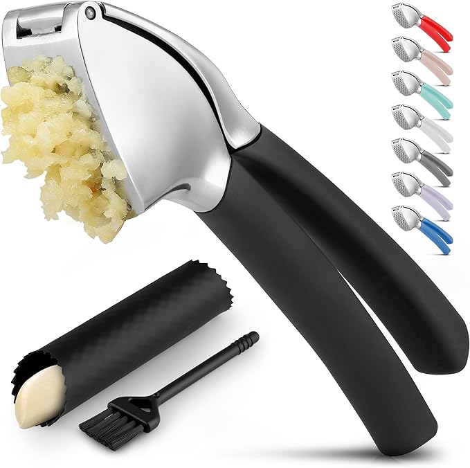 Zulay Kitchen Comfort Grip Garlic Press - Garlic Mincer Tool - Garlic Crusher - Garlic Press Mincer Rust Proof, with Soft Ergonomic Handle, Easy Clean Set with Peeler and Brush