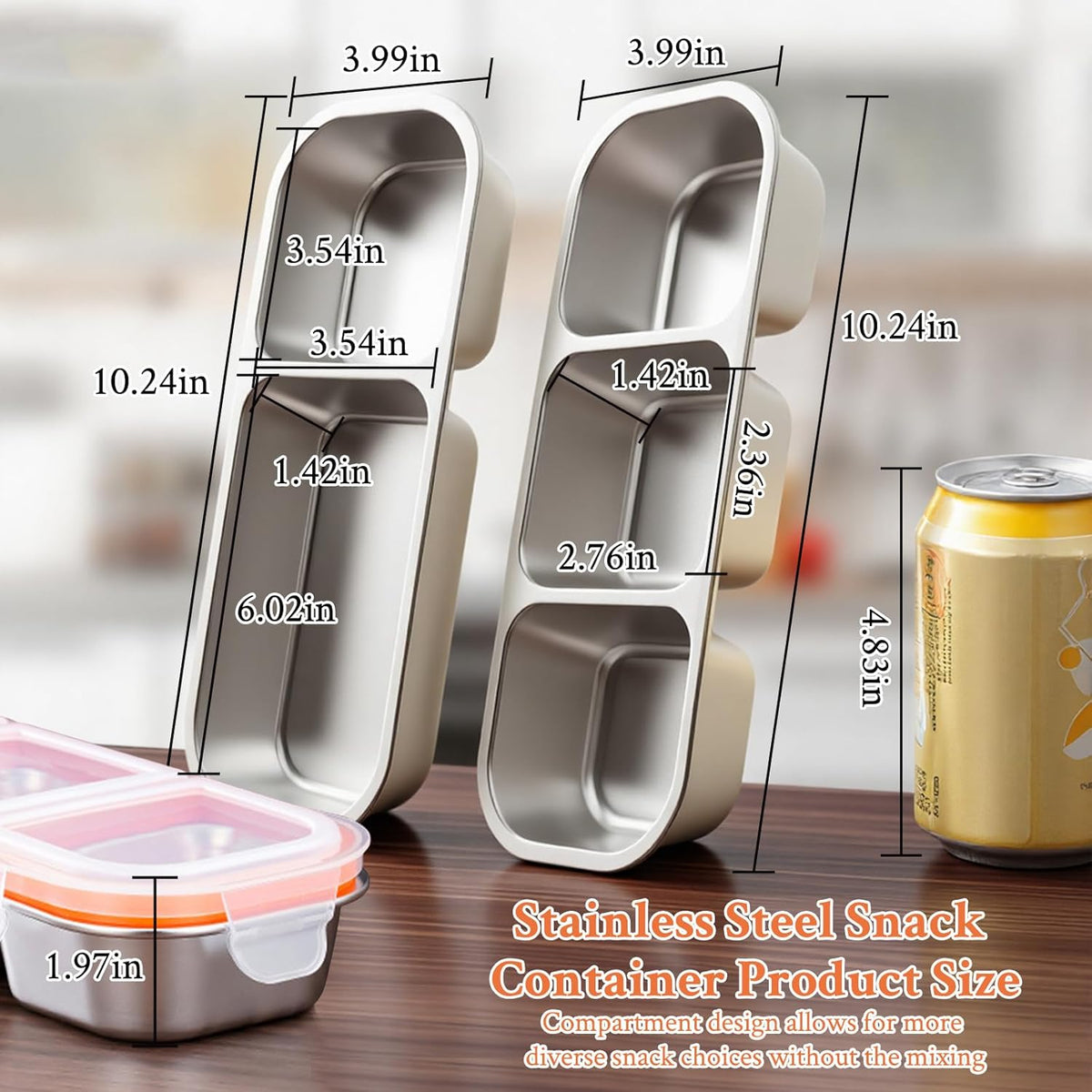 2 Pack Stainless Steel Snack Containers, 3+2 Compartment Snack boxes, Reusable Snack Containers with Lids for Adults - Leakproof Divided Metal Food Storage Bento Lunch Box for Work, Office, Travel
