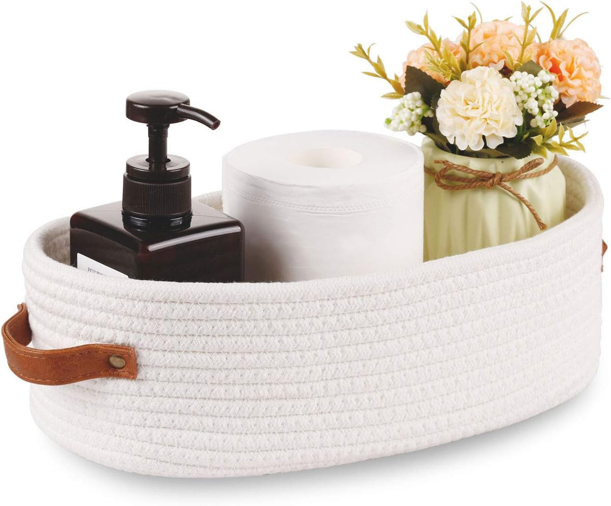 Woven Storage Basket for Toilet Tank Top,Farmhouse Home Decor Organizing Baskets for Bathroom,Table and Counter 13"x5.9"x4" White