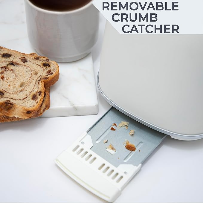 Rae Dunn Retro Rounded Bread Toaster, 2 Slice Stainless Steel Toaster with Removable Crumb Tray, Wide Slot with 6 Browning Levels, Bagel, Defrost and Cancel Options, White