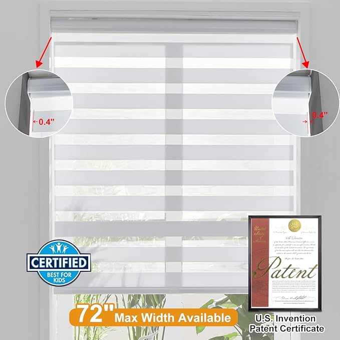 Persilux Zebra Cordless Roller Shades for Windows, Privacy Blinds (16" W x 64" H, White) for Sliding Door, Light Control for Day and Night, Home and Office