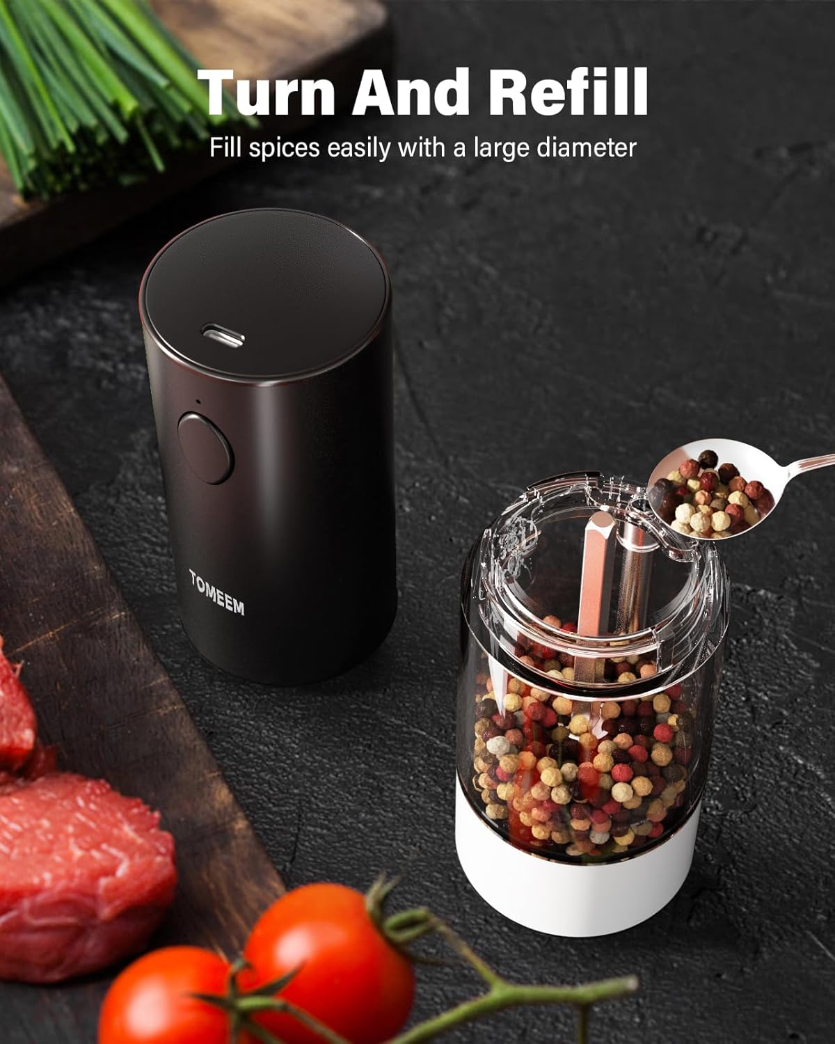 Upgraded Larger Capacity Electric Salt and Pepper Grinder Set Rechargeable with LED lights, Stainless Steel Automatic Pepper and Salt Grinder Refillable with 5 Adjustable Coarseness Black - White