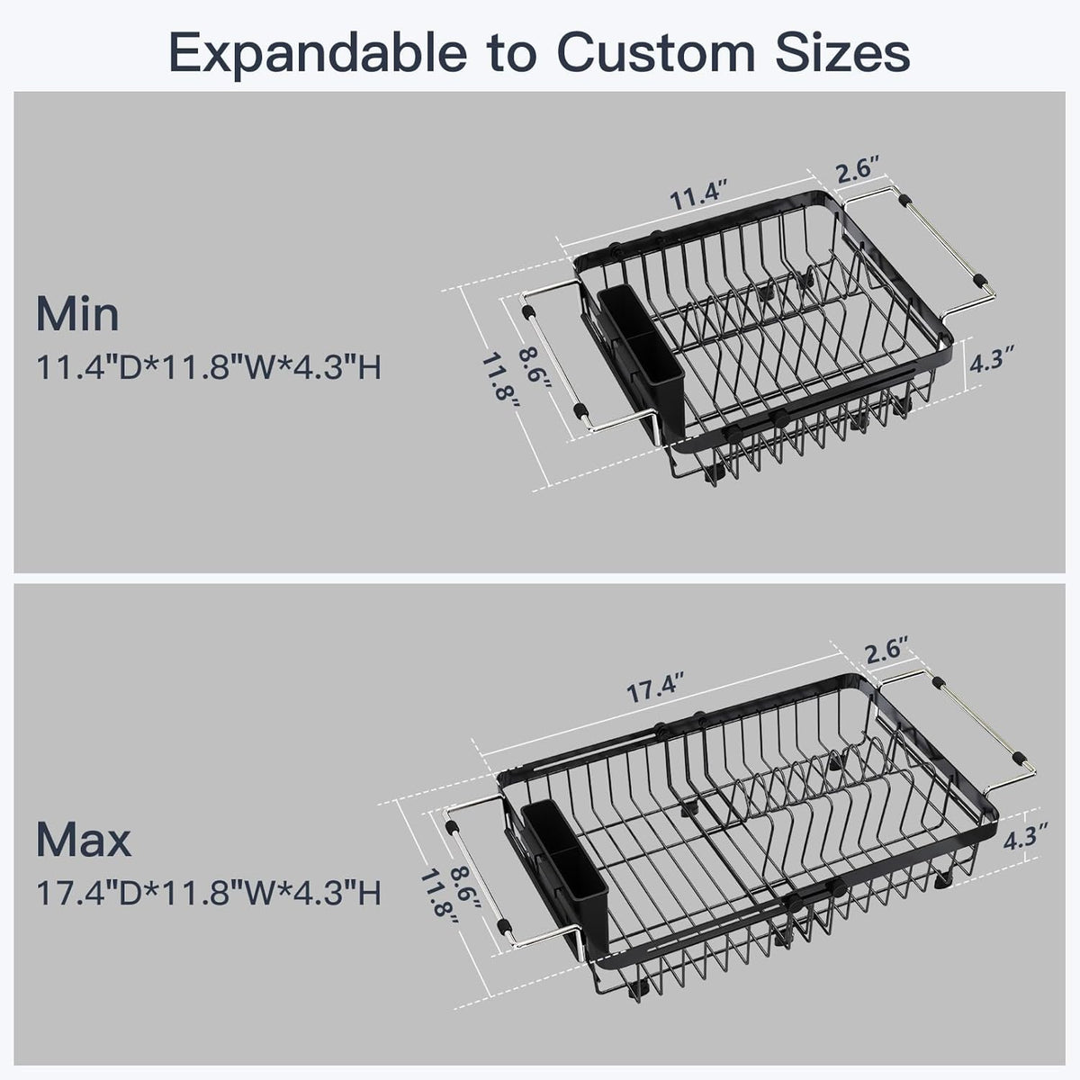 Small Expandable Over The Sink Dish Drainer Drying Rack In Stainless Steel Metal For Kitchen, Counter Space Saving Black Compact Above Plate Dryer Strainer, Adjustable Hanging Inside Sink Drain Holder