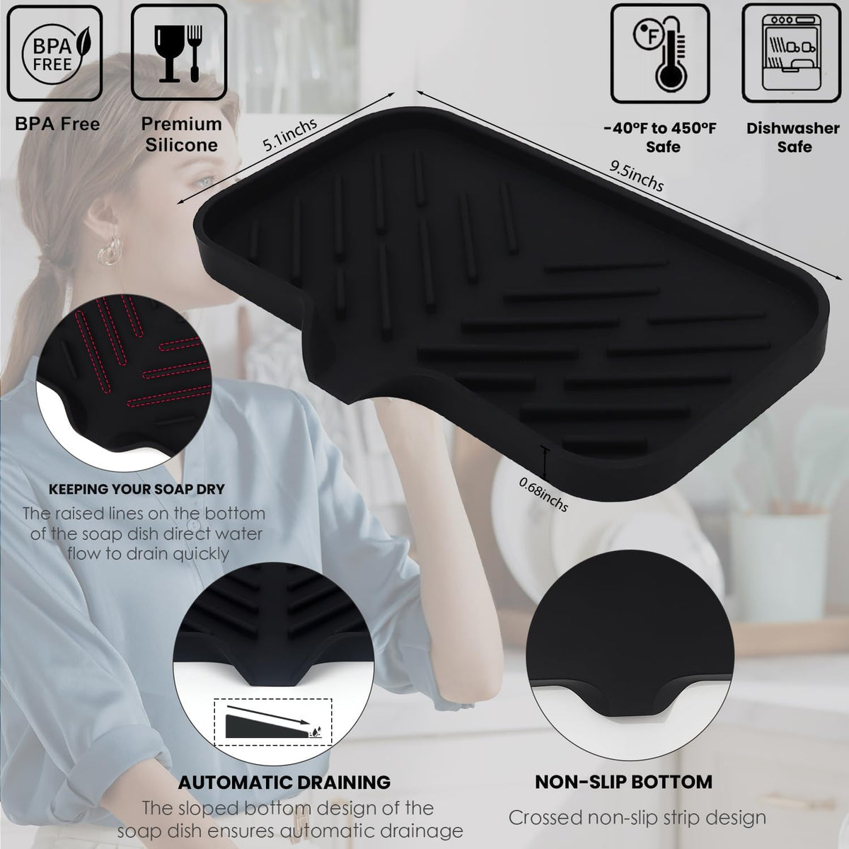 Yasmen Silicone Bathroom Soap Dishes, Sink Sponge Holder for Kitchen, Rubber Soap Dish with Drain, Shower Soap Sponge Tray, Sink or Counter Organizer, for Bar Soap, Bottle, Dish Soap Dispenser-Black