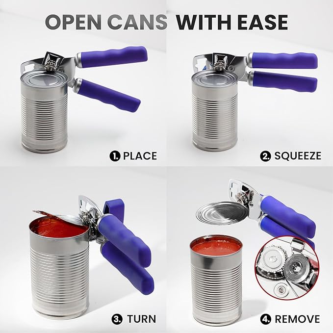 Zulay Kitchen Heavy Duty Stainless Steel Can Opener Manual with Bottle Opener - Rust Proof Manual Can Opener With Turn Knob & Comfy Soft Grip Handles - Purple