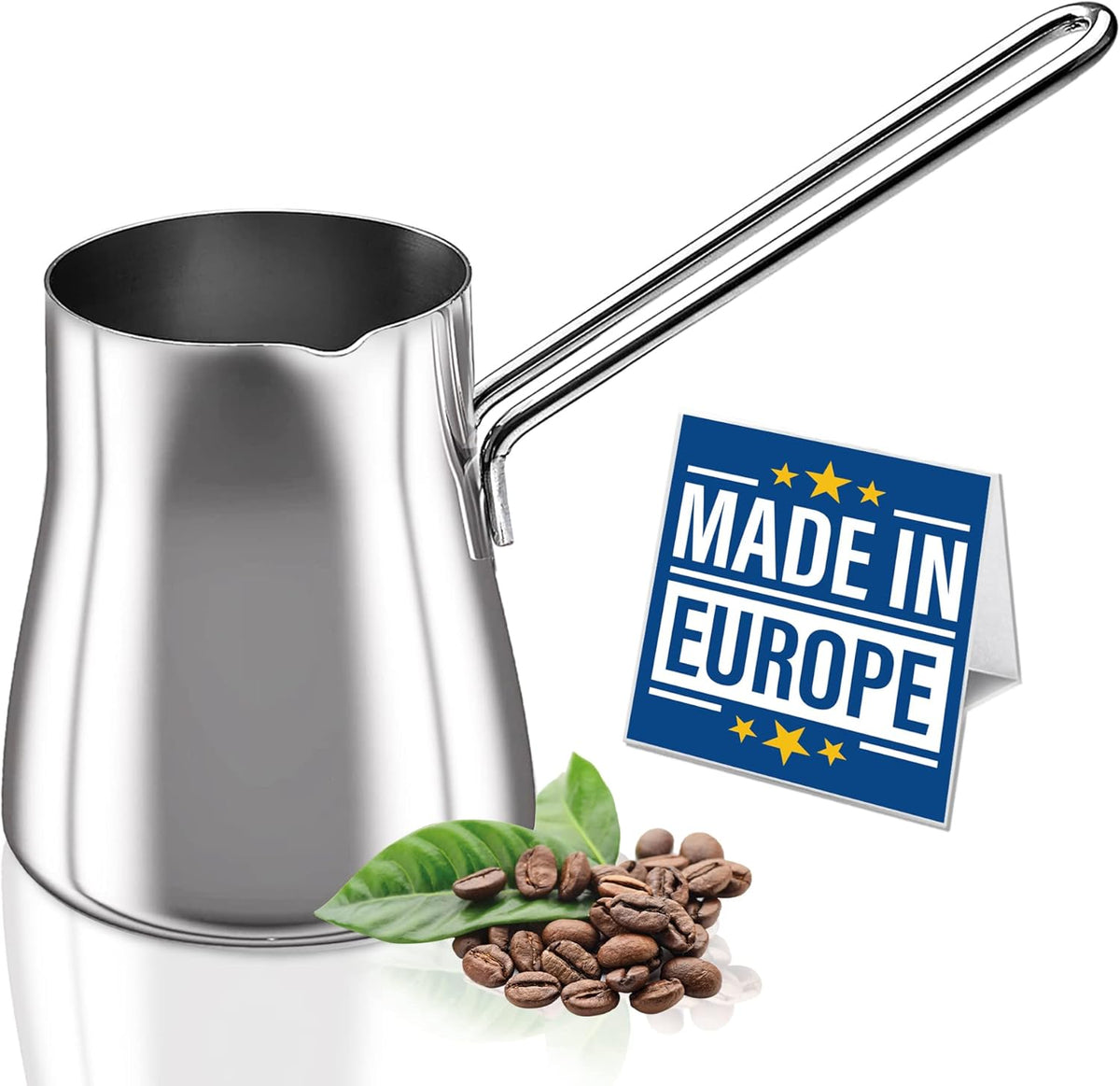 CRYSTALIA Turkish Coffee Pot 18/10 Stainless Steel, Stove Top Tea Maker, Milk Warmer, Greek Arabic Coffee Cezve Briki, 15 oz (Silver, Small)