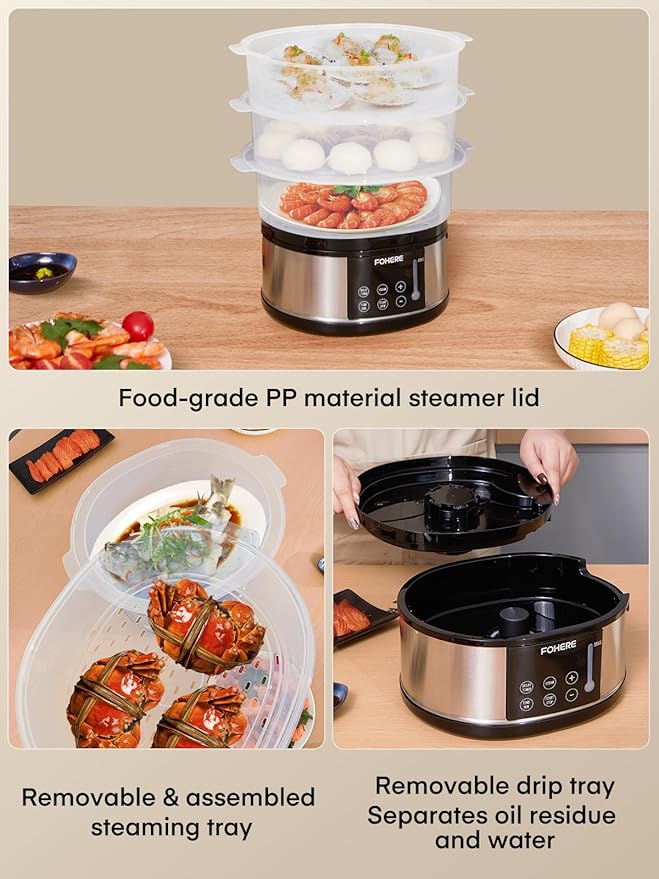 FOHERE Food Steamer for Cooking,13.7QT Vegetable Steamer with Stackable 3 Tiers BPA-Free Baskets,800W Electric Steamer Pot 60-Minute Timer, 24H Delay Start Timer for Veggies Seafood Rice