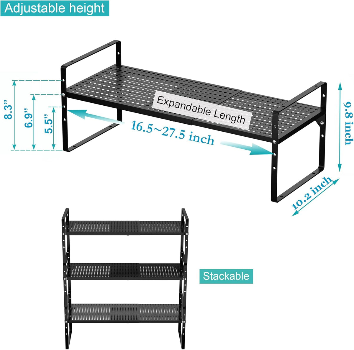 iPEGTOP 3 Pack Large Expandable Cabinet Storage Shelf, Heavy Duty Stackable Steel Metal Spice Rack Adjustable Height Home Office Pantry Garage Shelves for Counter Kitchen Organization, Black