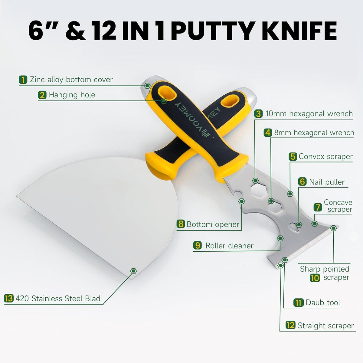 Voomey 12 In 1 Putty Knife Scraper, 6-Inch Stainless Steel Paint Scraper, Drywall Taping Knife 2 Pack, Paint Scraper Tool for Repairing Old Walls, Cleaning Paint Roller Covers, Applying Putty