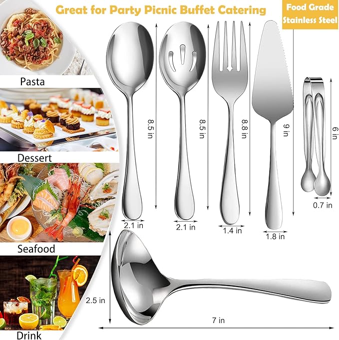 6 PCS Stainless Steel Serving Utensils, Large Serving Spoons Slotted Spoons, Forks, Ice Suger Tongs, Cake Server, Soup Ladle, Metal Utensils Set Great for Buffet Catering Banquet Party, Silver