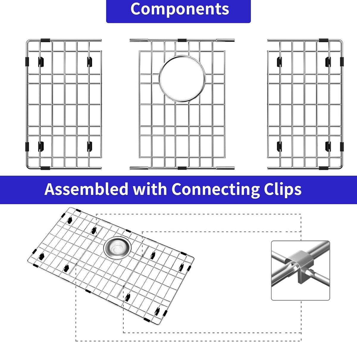 Sink Protectors for Kitchen Sink, Sink Grate Grid for Bottom of Sink, Metal Sink Rack, Bottom Basin Rack, Stainless Steel, 28.4" x 14.2"