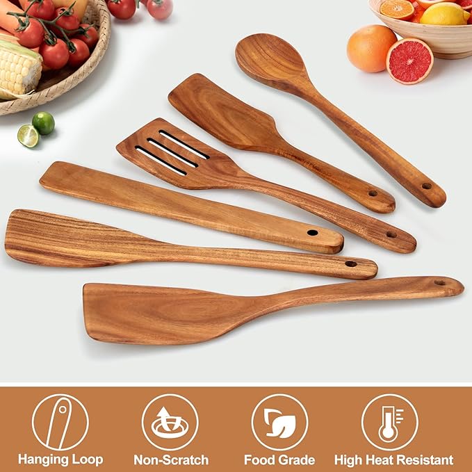 6 Pcs Best Flat Wood Spatula Set Teak Wooden Spoon for Cooking Utensils Slotted Turner Spatula Non Toxic Kitchen Utensil Set Scraper Spurtle Serving Turner Bamboo Cooking Spoons Egg Flipper Spatulas