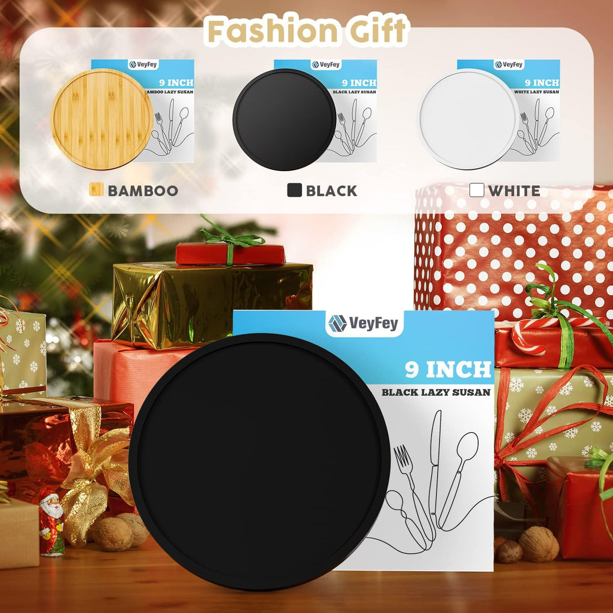 Turntable Vanity Tray 9 Inch for Perfume Candle, Bamboo Kitchen Sink Countertop Organizer for Keep Glass, Sponge and Soap Bathroom Countertop Organizer Black