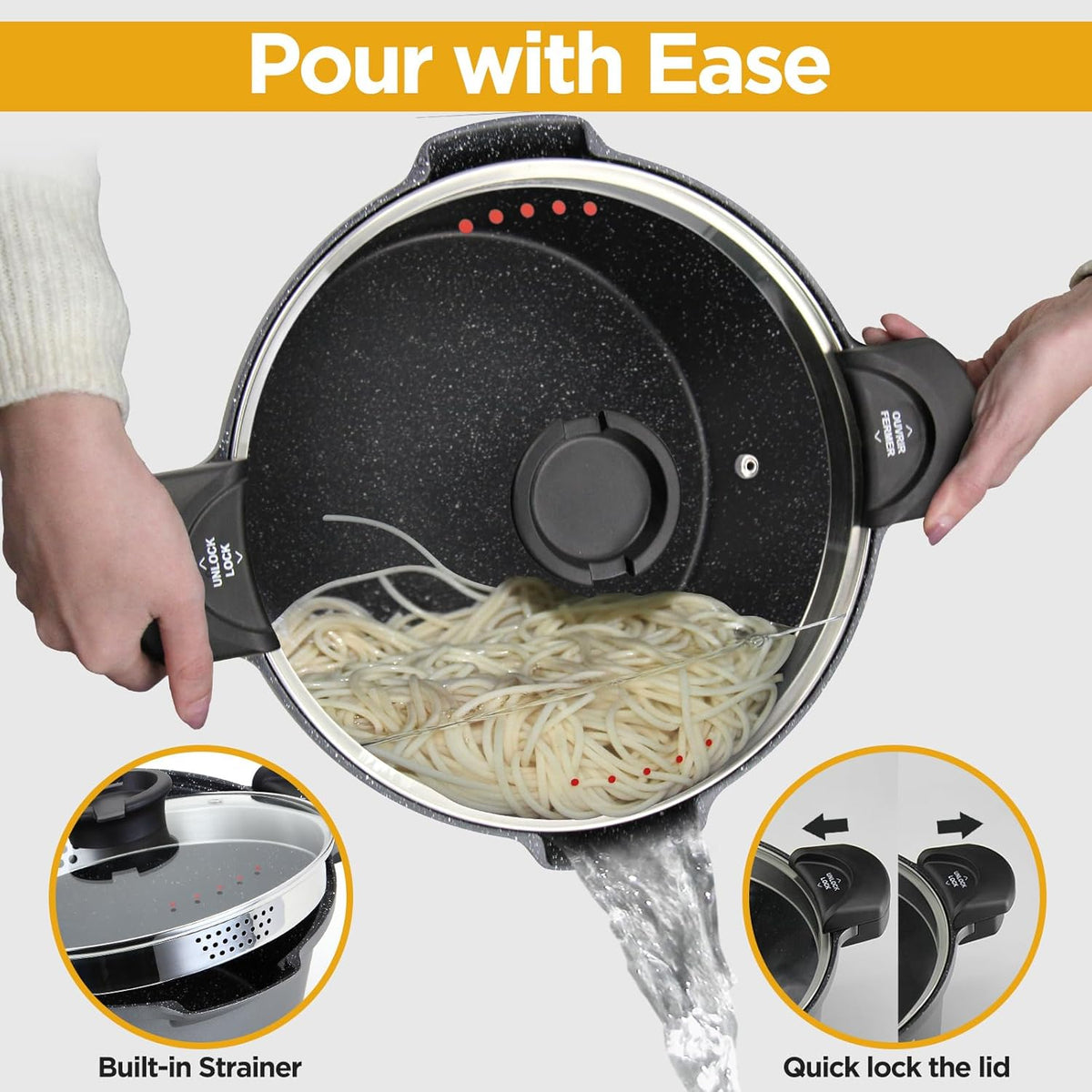 5QT Pasta Pot with Strainer Lid, 9.5'' Cast Aluminum Nonstick Multipurpose Stock Pot Spaghetti, Self-Draining Cooking Pot with Insulated Handles for Soup, and Boiling