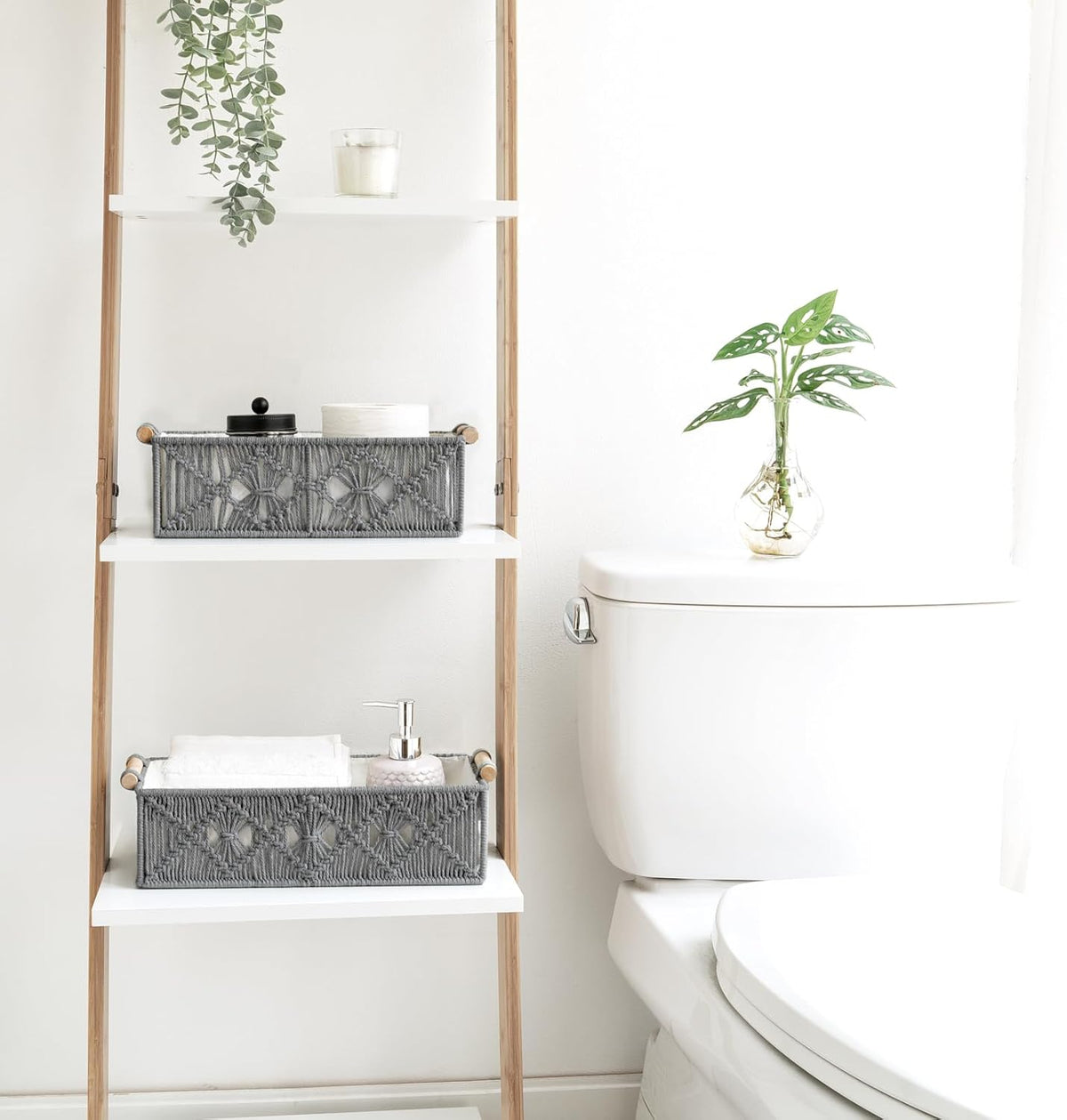 Mkono Macrame Storage Baskets Boho Decor Box Handmade Woven Decorative Countertop Toilet Tank Shelf Cabinet Organizer for Bedroom Livingroom Home, Set of 2, Grey