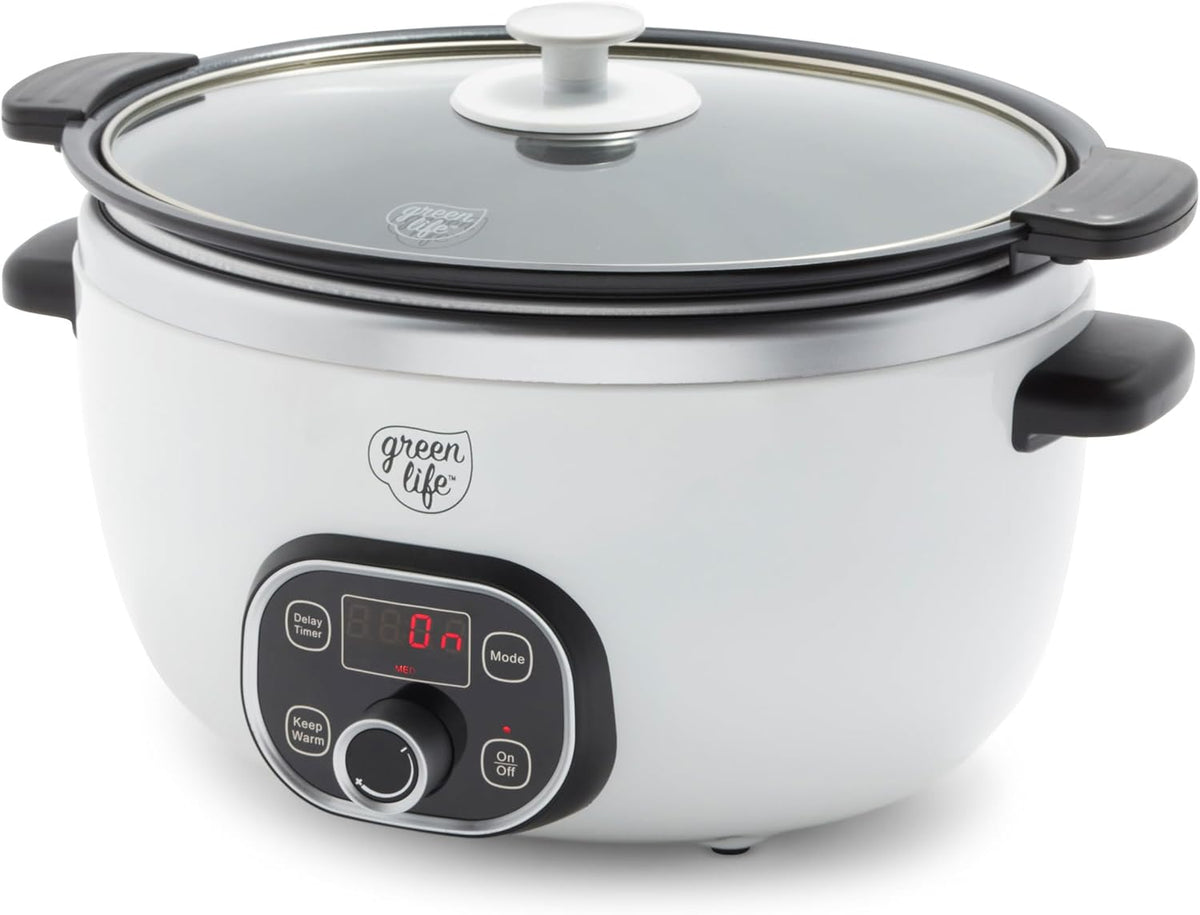 GreenLife 6QT Slow Cooker, Non-Toxic PFAS-Free Ceramic Nonstick Removable Interior Bowl, Programmable, Family Friendly, Keep Warm, Stovetop & Oven Safe, Dishwasher Safe Parts, Timer, Glass Lid, White