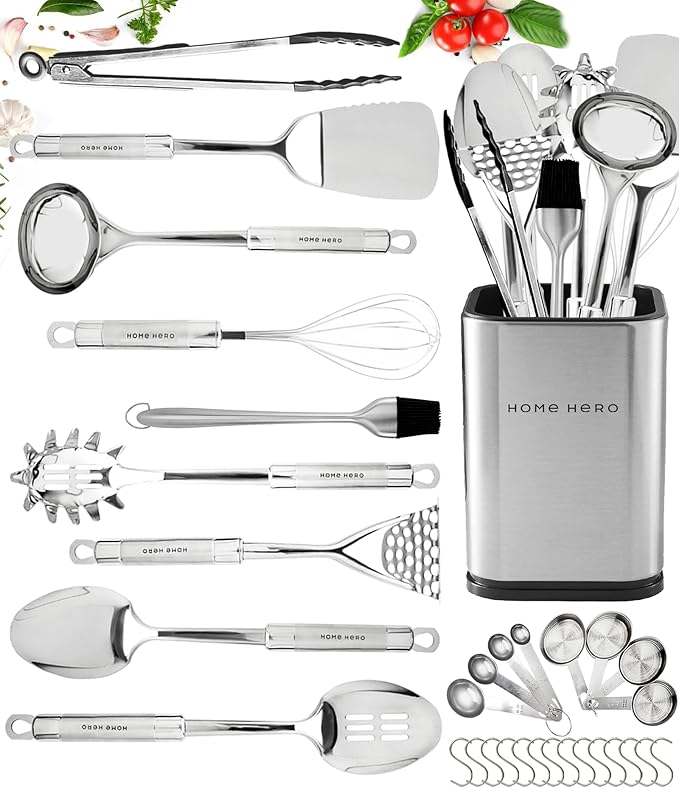 Home Hero 32-Piece Stainless Steel Kitchen Utensil Set - Heat-Resistant Nonstick Silicone Tools - Durable Stainless Steel Cooking Tools - Measuring Cups & Spoons with Holder - 32 Pc, Silver