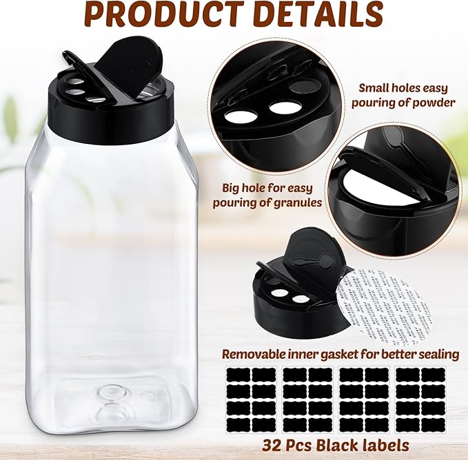 Mifoci 28 Pack 16 oz Plastic Spice Jars with Cap Square Plastic Bottle Containers with Shaker Lids and Stickers Large Seasoning Shaker Empty Powder Storage Container for Storing Salt Herbs (Black)