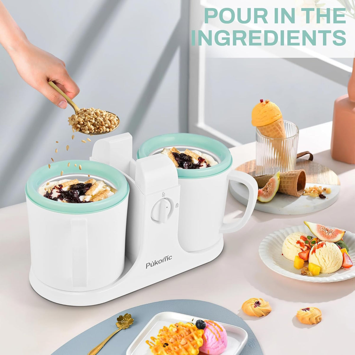 Pukomc Ice Cream Maker Machine for Home Use, with Two Ice Cream Bowls,Simple Operation and Easy to Clean,White Green