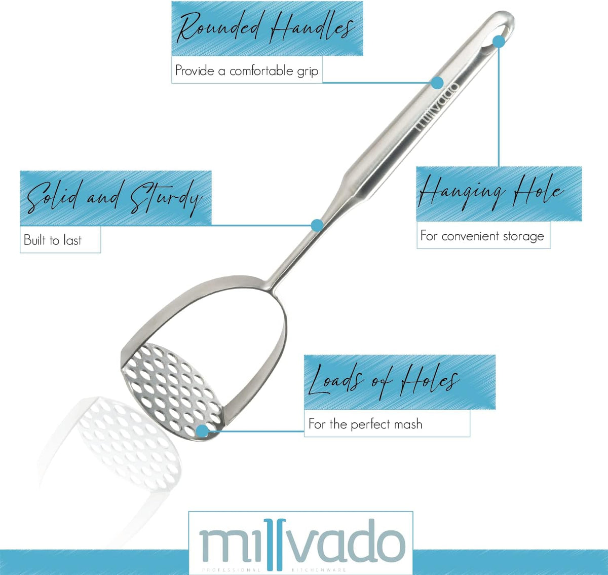 Potato Masher Stainless Steel, Best Mashed Potatoes Masher Kitchen Tool, Potato Smasher For Potatoe, Avocado, Sweet Potato, Beans, Large Heavy Duty Metal Mashing Utensil, 12.5 Inch