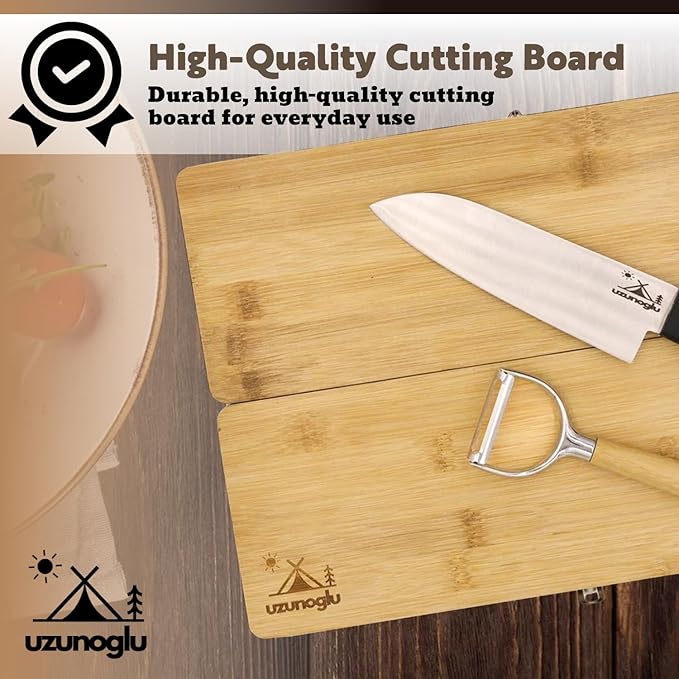 Foldable Bamboo Cutting Board Set - with Knife, Peeler, Bag & Built-in Sharpener – Portable Compact Chopping Board for Camping, Picnic, Travel & Kitchen – Non-Slip, Eco-Friendly, Multi-Purpose Design