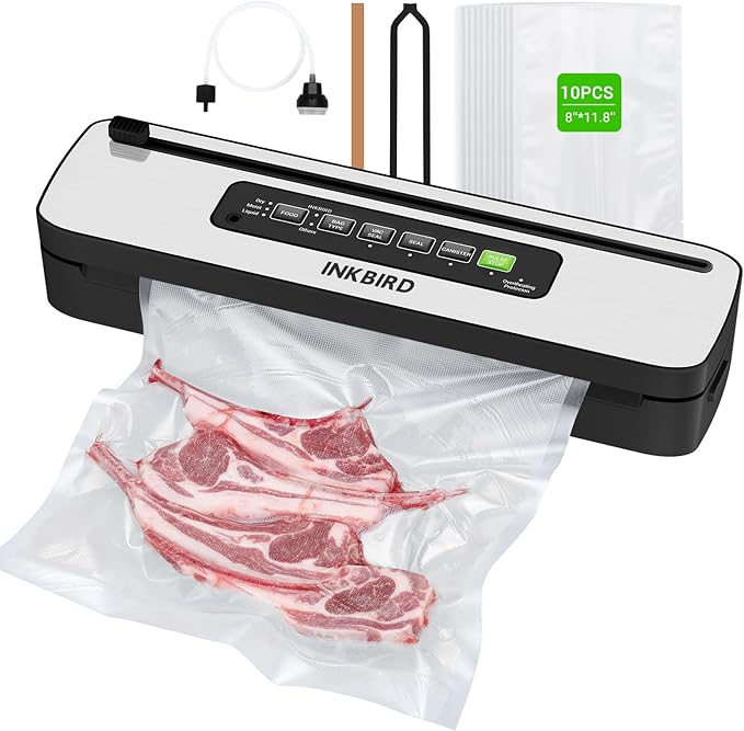 Vacuum Sealer Machine, INKBIRD Powerful 130W High Power with Liquid/Moist/Dry 6-Food Modes, Compact Food Preservation System with Cutter, Full Start Kit with Pre-cut Bags*10 (8''*11.8''), EXT-VAC