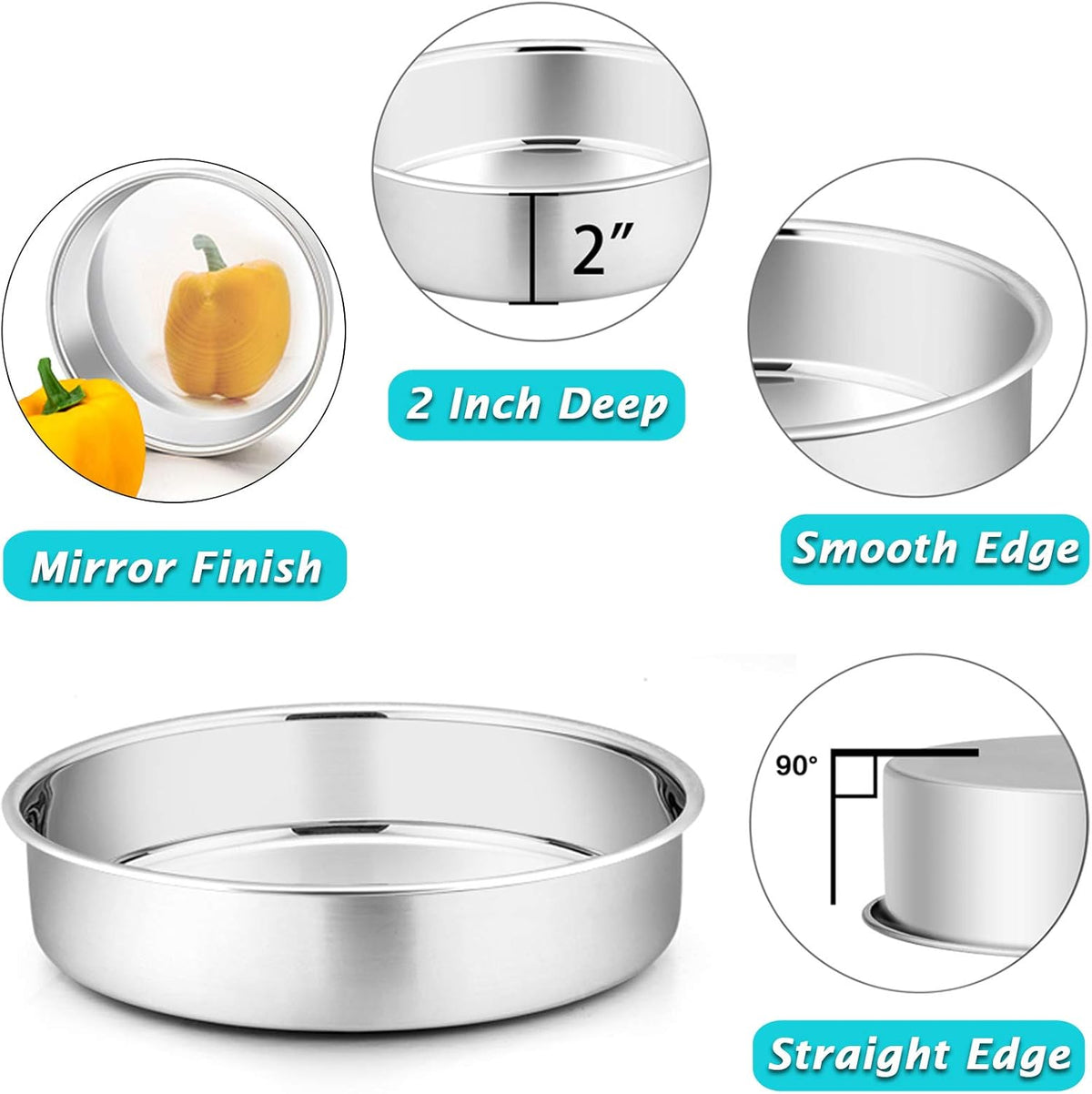 P&P CHEF 9.5 Inch Round Cake Pan Set of 3, Stainless Steel Round Baking Layer Pans Bakeware for Layer Birthday Cake, Fit Oven/Pots/Pressure Cooker, Leakproof & Dishwasher Safe, Silver
