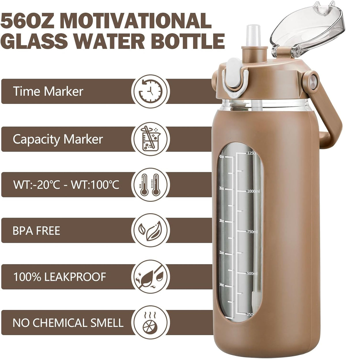 kytffu 56oz Glass Water Bottles with Straw, Motivational Glass Bottle with Silicone Sleeve and Time Marker, Leakproof Large Glass Water Jug for Gym Home Office,Amber