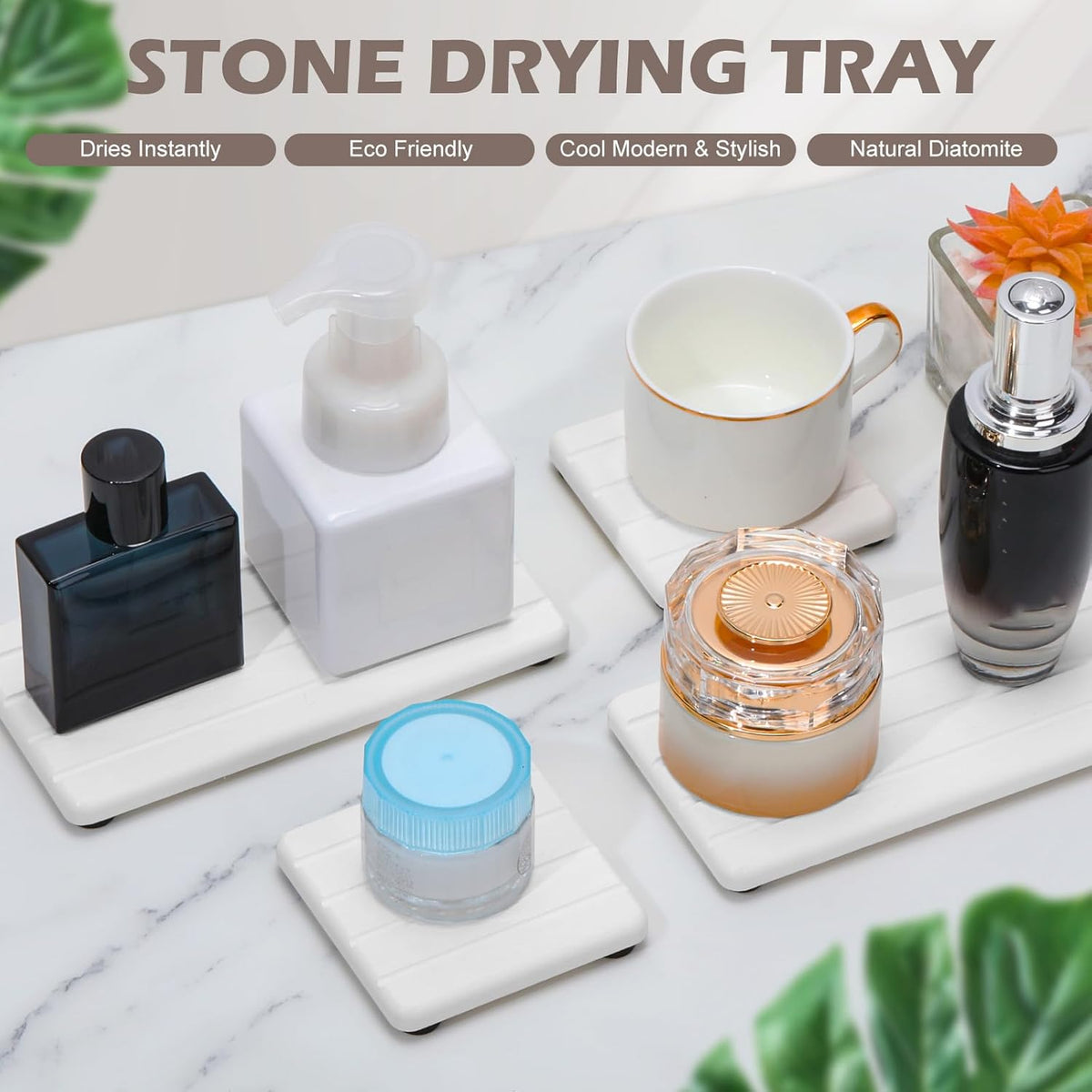 4PCS Stone Drying Tray for Bathroom Sink and Kitchen Counter, Fast Drying Diatomite Stones Soap Trays, Diatomaceous Coaster, Vanity Trays, Water Absorbing Stone Tray for Sink