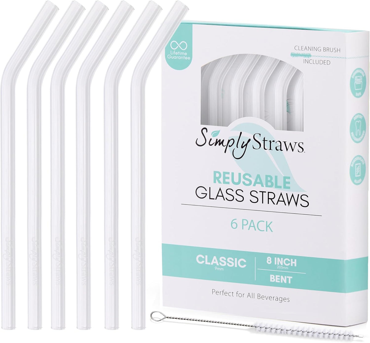 Simply Straws 8 Inch Glass Straws Bent (6-Pack) – Reusable Glass Straws for Pints & Juice Drinkware, with Cleaning Brush – Dishwasher Safe, Hot & Cold Use, BPA-Free (Air)