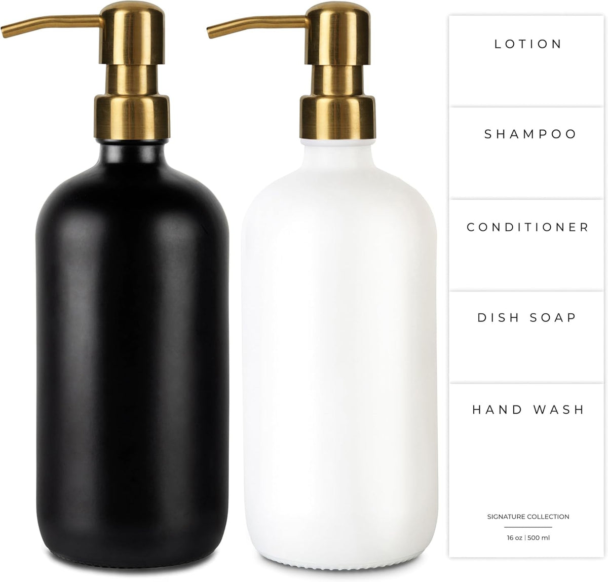 Emerson Essentials Glass Soap Bottle Dispensers, 2 Pack, Stainless-Steel Pumps Rust-Free, Hand Set for Bathroom Kitchen Sink, Liquid Lotion Shampoo Jars with 4 Waterproof Labels, 16 Oz Black/White