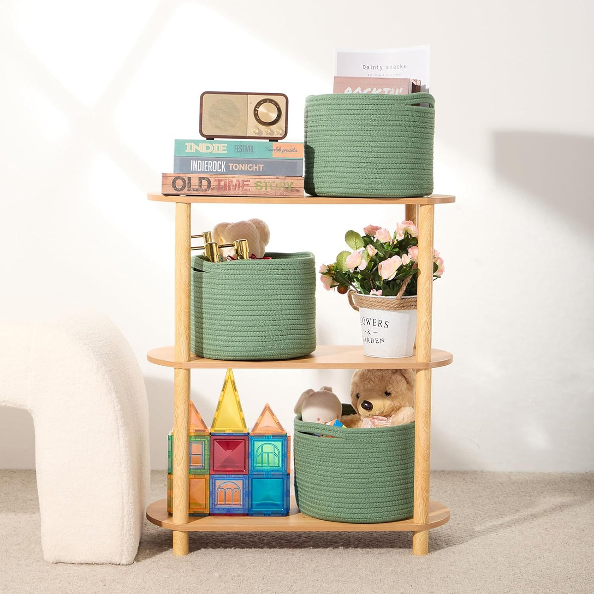Small Basket for Organizing | Cube Shelf Closet Storage Baskets | 9.7×9.7×7.1” | Woven Rope Gift Basket | Nursery | Round 3 Packs Green