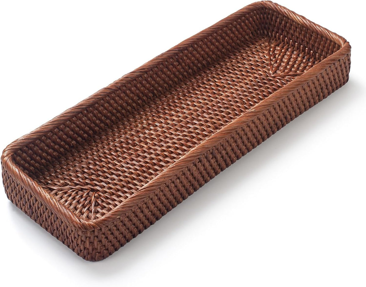 Rattan Bathroom Vanity Trays Toilet Tank Baskets Long Narrow Hand Towel Storage Basket for Storage, Decorative (Honey Brown 16.3 x 6.1 x 2 inch)